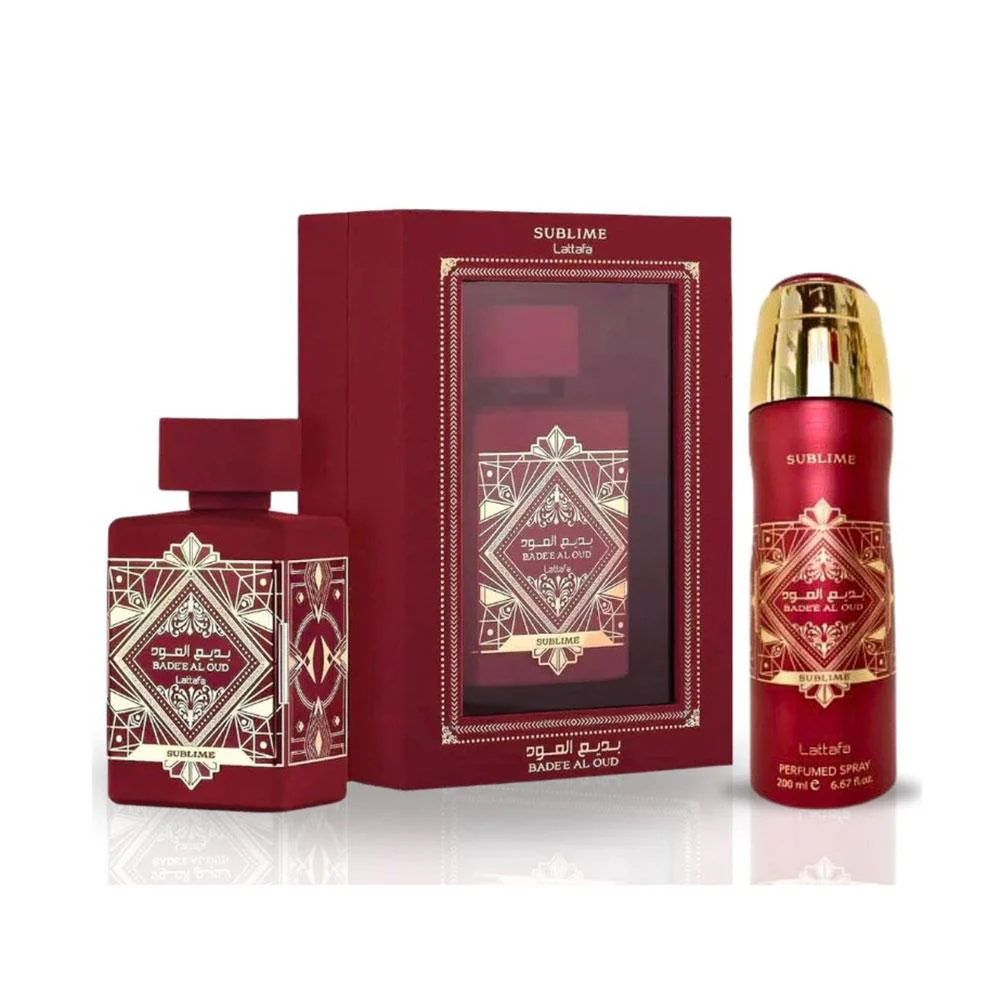Estuche-Lattafa-Badee-Al-Oud-Sublime-Edp-100-Ml-Deo-Spray-200-Ml-Set-2-Pcs-Unisex-Rojo